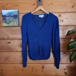 Nanell 💜 Vintage 80s Handknit Blue Crochet Sweater Open Knit Stretch Top Medium